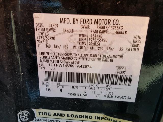 1FTPW14V59FA42974 - 2009 FORD F150 SUPER BLACK photo 10