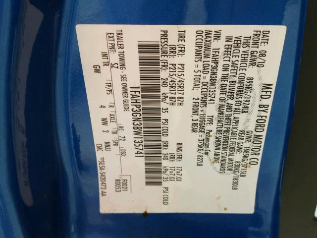 1FAHP3GN3BW135741 - 2011 FORD FOCUS SES BLUE photo 10