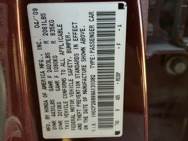 1HGCP26899A131082 - 2009 HONDA ACCORD EXL BURGUNDY photo 10