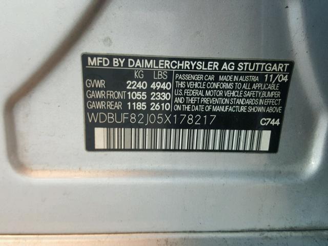 WDBUF82J05X178217 - 2005 MERCEDES-BENZ E 320 4MAT SILVER photo 10