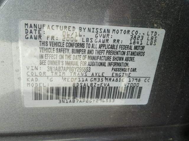 3N1AB7AP8GY296553 - 2016 NISSAN SENTRA S GRAY photo 10