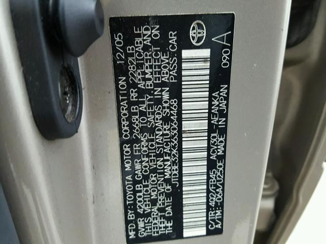 JTDBE32K363064468 - 2006 TOYOTA CAMRY LE ოქროსფერი ფოტო 10
