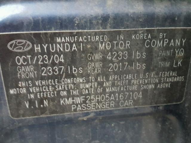 KMHWF25H05A167104 - 2005 HYUNDAI SONATA GL BLUE photo 10