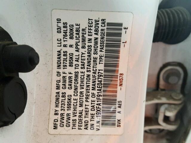 19XFA1F91AE047971 - 2010 HONDA CIVIC EXL თეთრი ფოტო 10