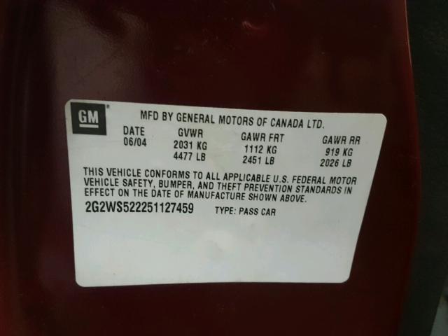 2G2WS522251127459 - 2005 PONTIAC GRAND PRIX წითელი ფოტო 10