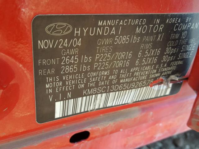 KM8SC13D65U926578 - 2005 HYUNDAI SANTA FE G RED photo 10