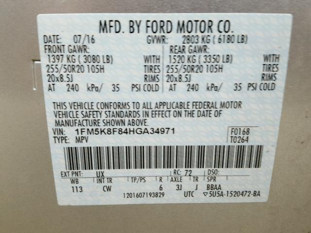 1FM5K8F84HGA34971 - 2017 FORD EXPLORER L SILVER photo 10