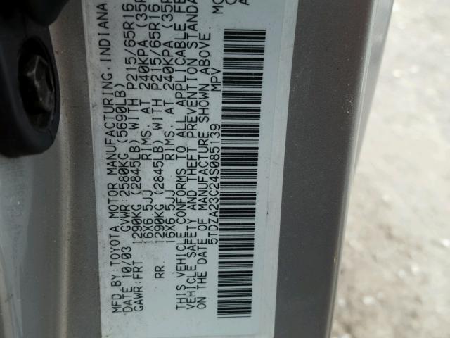 5TDZA23C24S085139 - 2004 TOYOTA SIENNA CE SILVER photo 10