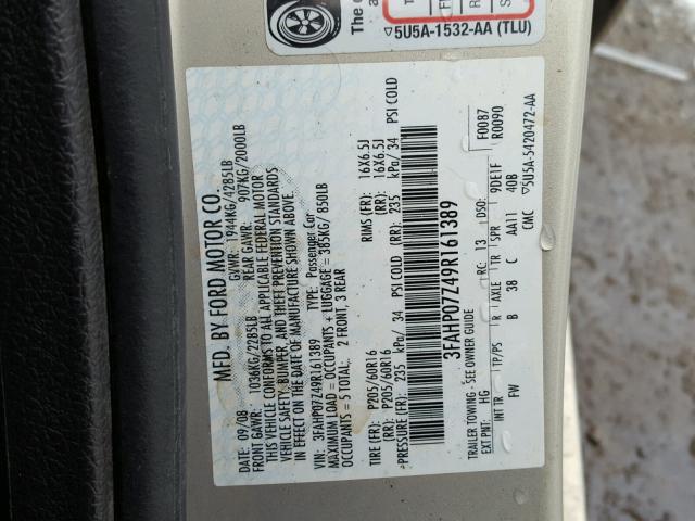 3FAHP07Z49R161389 - 2009 FORD FUSION SE SILVER photo 10