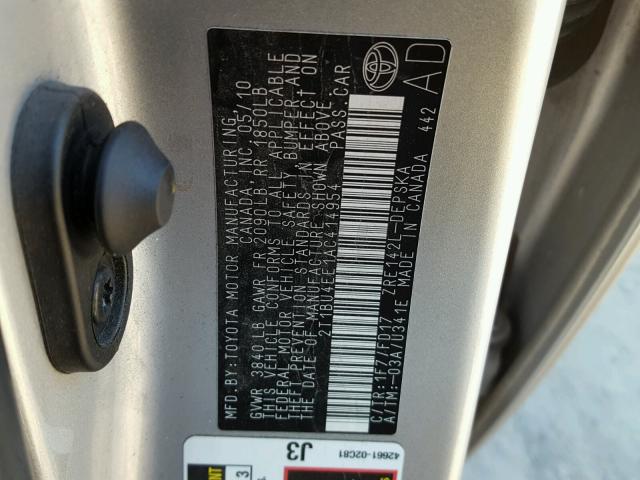 2T1BU4EE1AC414954 - 2010 TOYOTA COROLLA BA SILVER photo 10