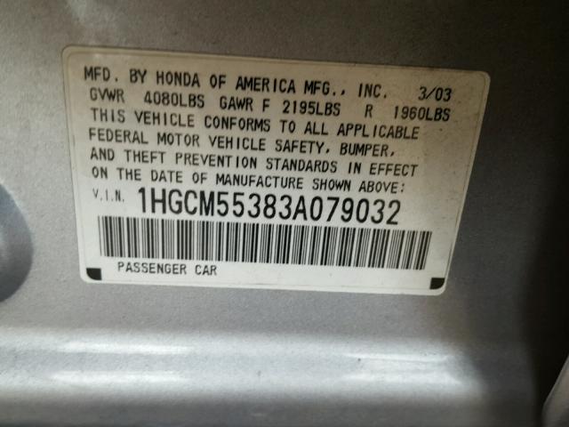 1HGCM55383A079032 - 2003 HONDA ACCORD LX SILVER photo 10