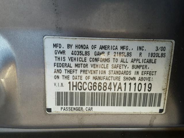 1HGCG6684YA111019 - 2000 HONDA ACCORD EX GRAY photo 10