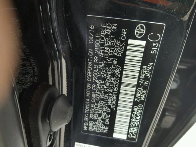 JTDKBRFU8G3012987 - 2016 TOYOTA PRIUS BLACK photo 10