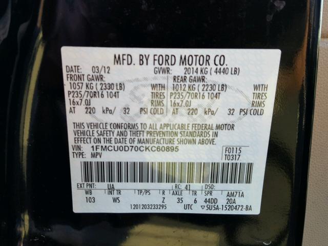 1FMCU0D70CKC60895 - 2012 FORD ESCAPE XLT BLACK photo 10