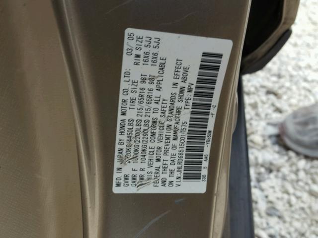 JHLRD68515C010575 - 2005 HONDA CR-V LX GOLD photo 10