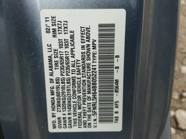 5FNRL5H64BB052241 - 2011 HONDA ODYSSEY EX BLUE photo 10