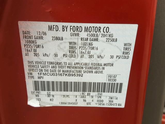 1FMCU03167KB95392 - 2007 FORD ESCAPE XLT RED photo 10