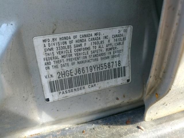 2HGEJ6619YH558718 - 2000 HONDA CIVIC BASE 银色 照片 10