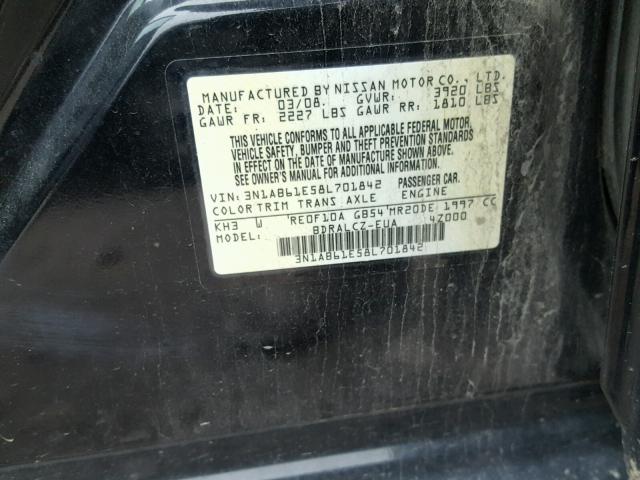 3N1AB61E58L701842 - 2008 NISSAN SENTRA 2.0 BLACK photo 10