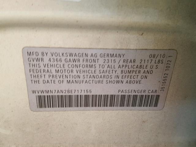 WVWMN7AN2BE717155 - 2011 VOLKSWAGEN CC SPORT SILVER photo 10