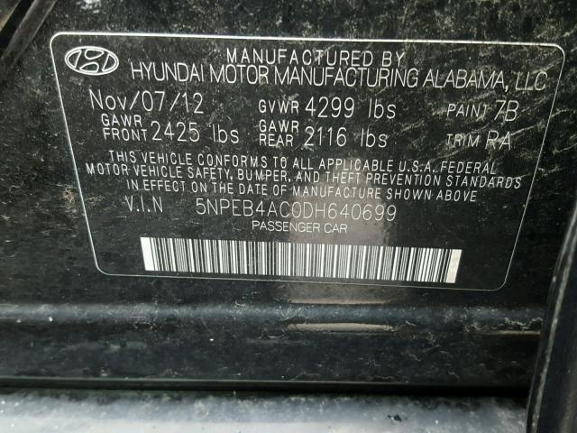 5NPEB4AC0DH640699 - 2013 HYUNDAI SONATA GLS BLACK photo 10