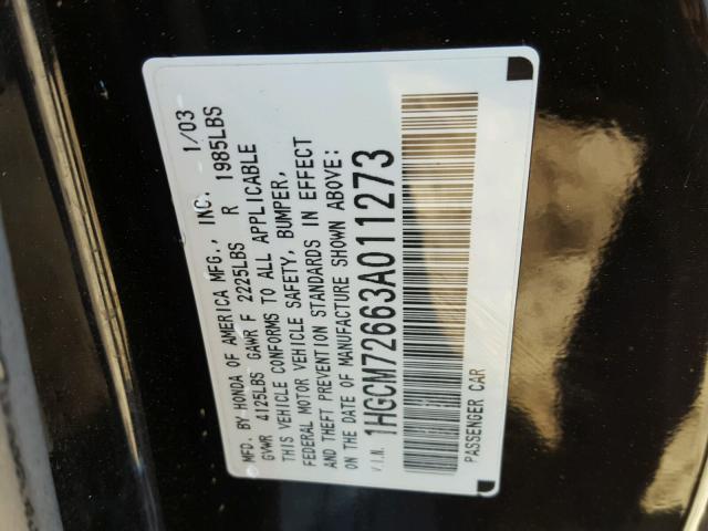 1HGCM72663A011273 - 2003 HONDA ACCORD EX BLACK photo 10