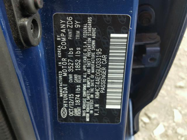 KMHCT4AE0GU033195 - 2016 HYUNDAI ACCENT SE BLUE photo 10