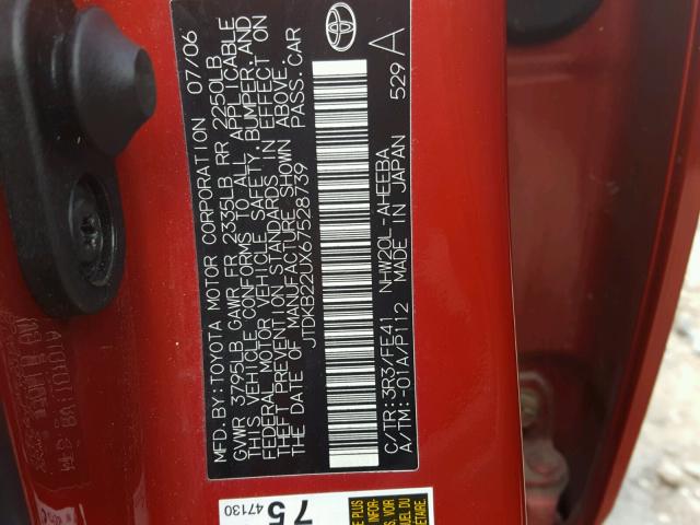 JTDKB22UX67528739 - 2006 TOYOTA PRIUS RED photo 10