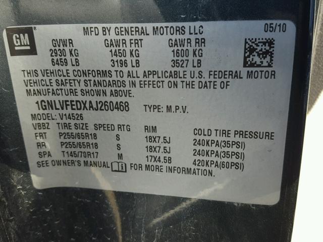 1GNLVFEDXAJ260468 - 2010 CHEVROLET TRAVERSE L GRAY photo 10