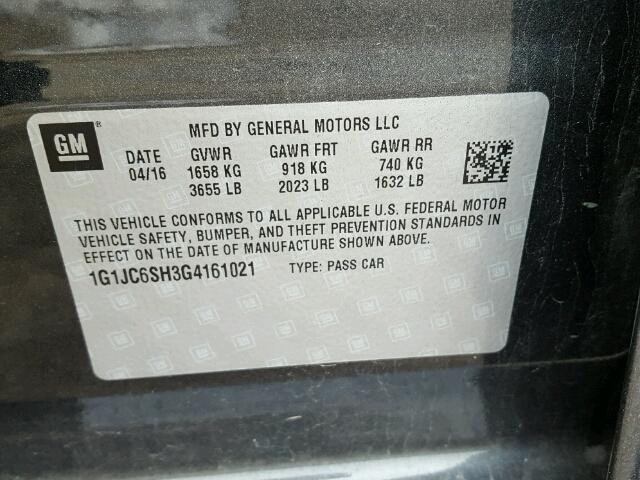 1G1JC6SH3G4161021 - 2016 CHEVROLET SONIC LT GRAY photo 10