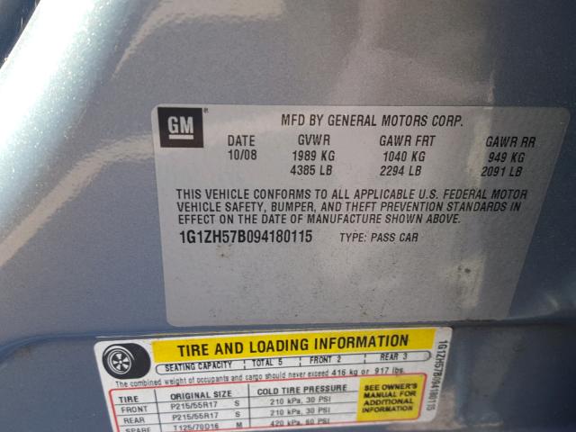 1G1ZH57B094180115 - 2009 CHEVROLET MALIBU 1LT BLUE photo 10