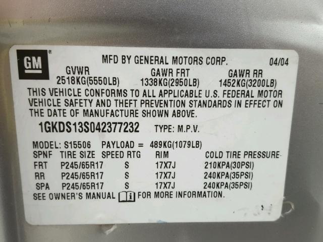 1GKDS13S042377232 - 2004 GMC ENVOY SILVER photo 10