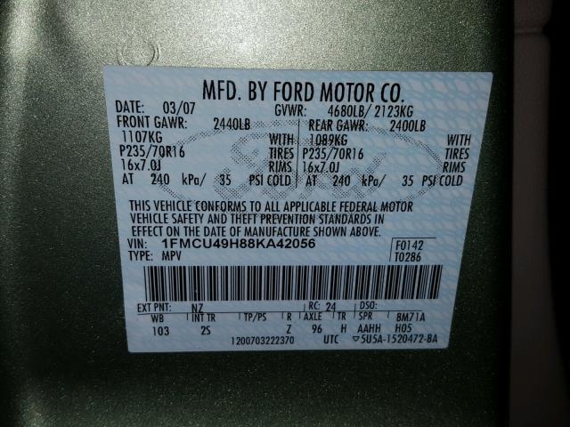 1FMCU49H88KA42056 - 2008 FORD ESCAPE HEV GREEN photo 10