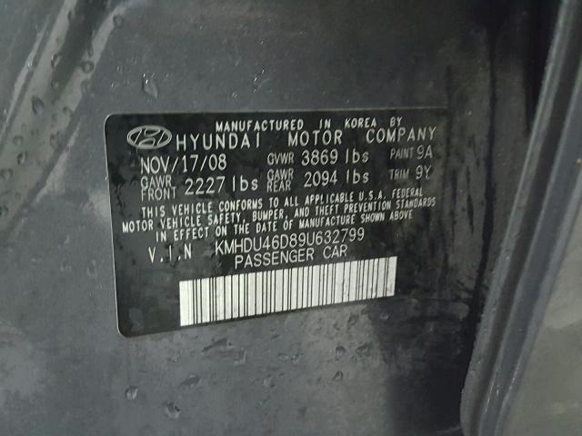 KMHDU46D89U632799 - 2009 HYUNDAI ELANTRA GL GRAY photo 10