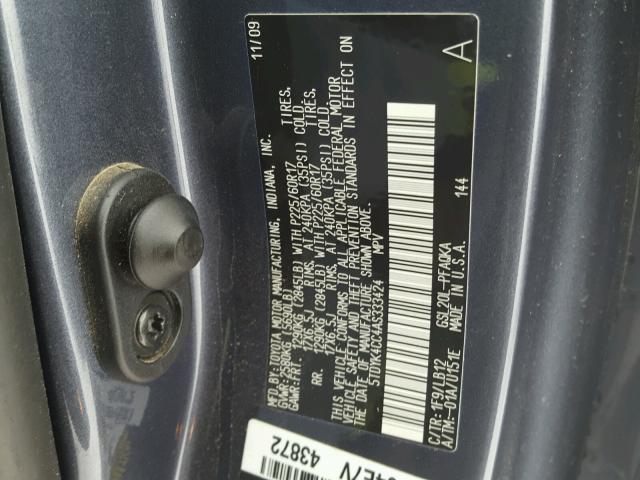 5TDYK4CC4AS333424 - 2010 TOYOTA SIENNA XLE GRAY photo 10