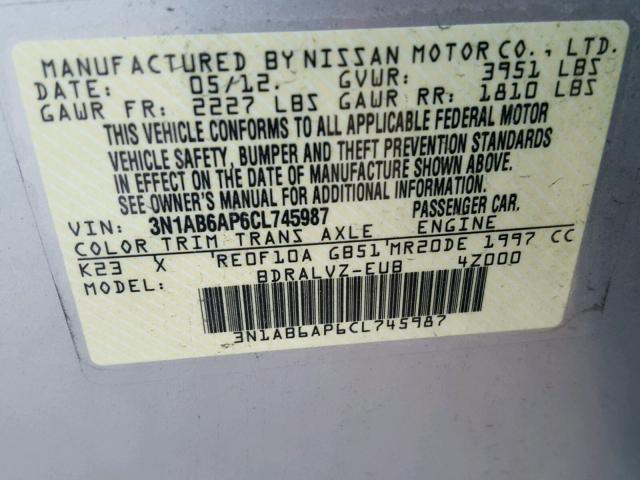 3N1AB6AP6CL745987 - 2012 NISSAN SENTRA 2.0 SILVER photo 10