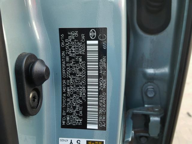 JTDKBRFU5G3020593 - 2016 TOYOTA PRIUS BLUE photo 10