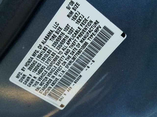 5FNRL38779B010086 - 2009 HONDA ODYSSEY EX BLUE photo 10