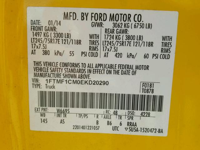 1FTMF1CM0EKD20290 - 2014 FORD F150 YELLOW photo 10