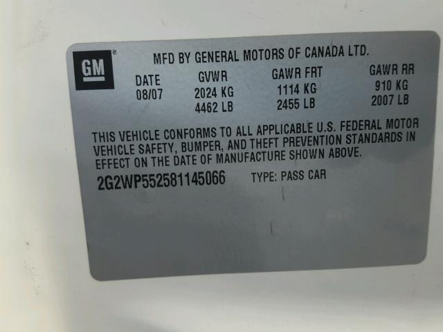 2G2WP552581145066 - 2008 PONTIAC GRAND PRIX WHITE photo 10