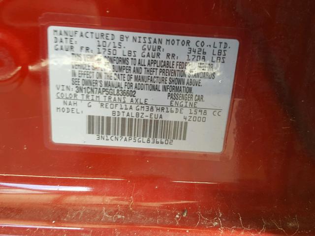 3N1CN7AP5GL836602 - 2016 NISSAN VERSA S RED photo 10