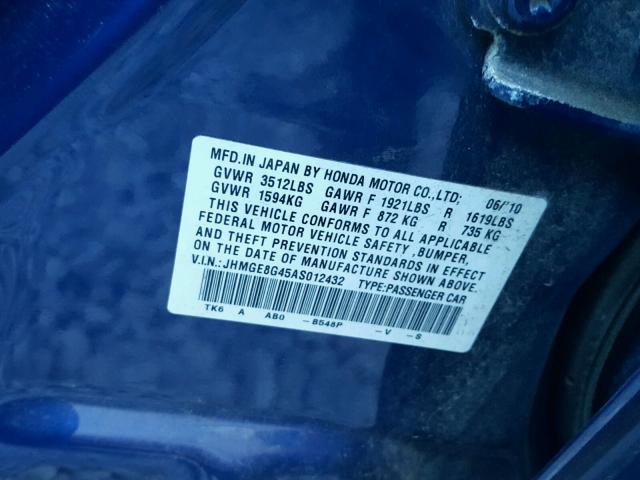 JHMGE8G45AS012432 - 2010 HONDA FIT SPORT BLUE photo 10