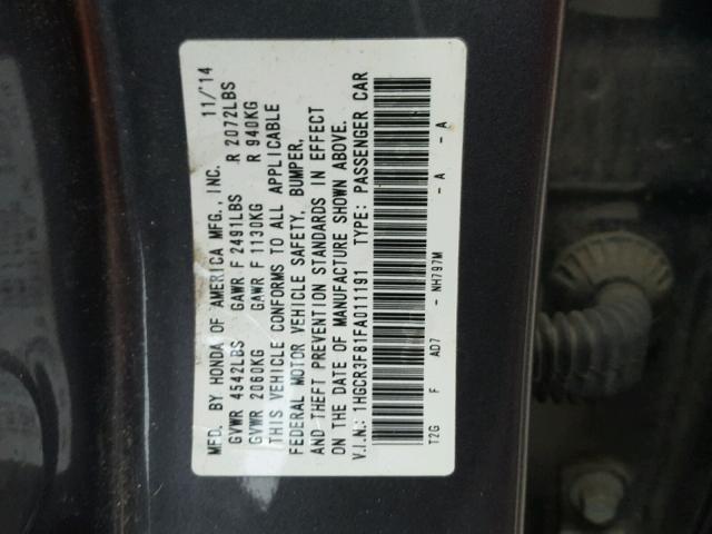 1HGCR3F81FA011191 - 2015 HONDA ACCORD EXL GRAY photo 10