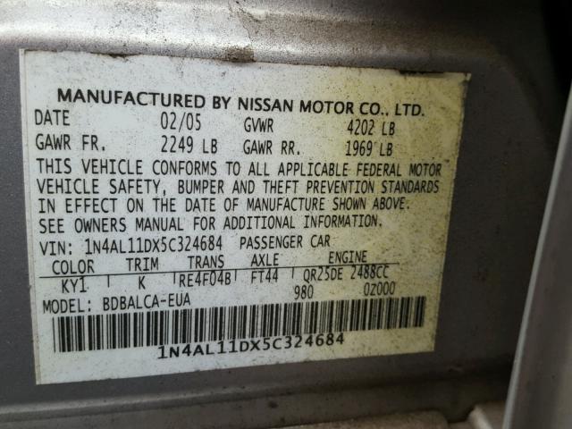 1N4AL11DX5C324684 - 2005 NISSAN ALTIMA S SILVER photo 10