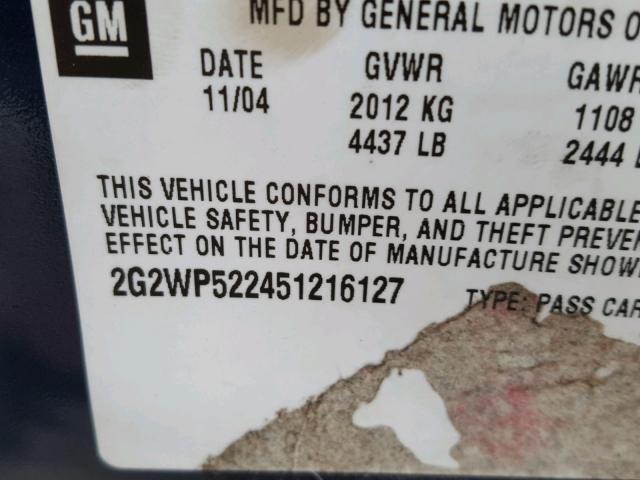 2G2WP522451216127 - 2005 PONTIAC GRAND PRIX BLUE photo 10