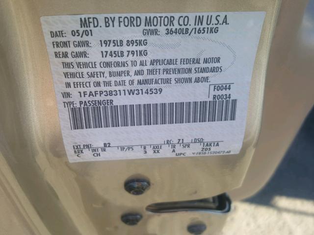 1FAFP38311W314539 - 2001 FORD FOCUS ZTS GOLD photo 10