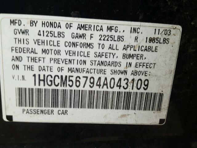 1HGCM56794A043109 - 2004 HONDA ACCORD EX GREEN photo 10