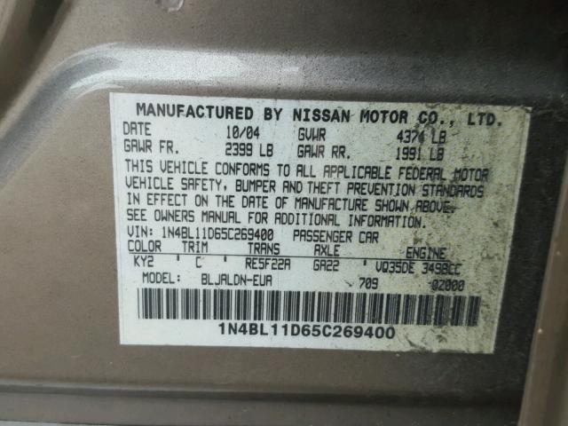 1N4BL11D65C269400 - 2005 NISSAN ALTIMA SE CREAM photo 10