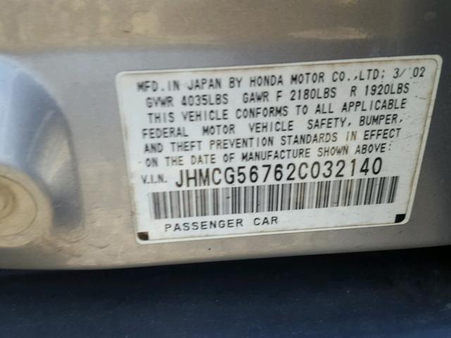 JHMCG56762C032140 - 2002 HONDA ACCORD SE GRAY photo 10