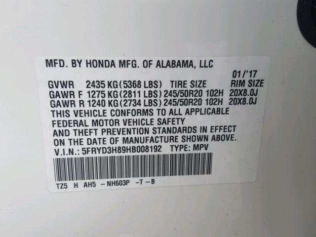 5FRYD3H89HB008192 - 2017 ACURA MDX ADVANC WHITE photo 10